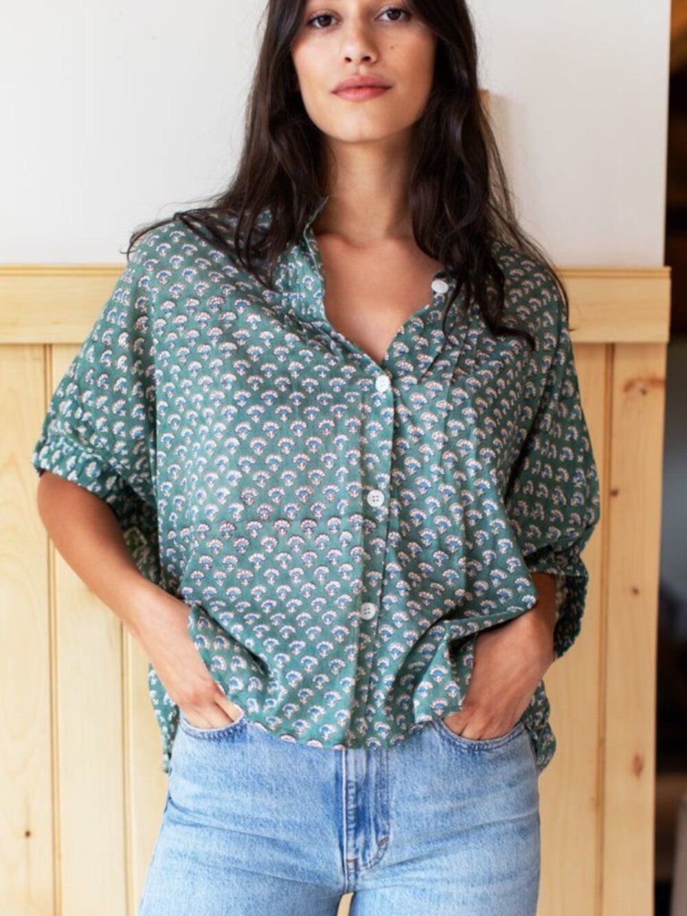 Emerson Fry OS India Collection - mandarin collar top - juniper